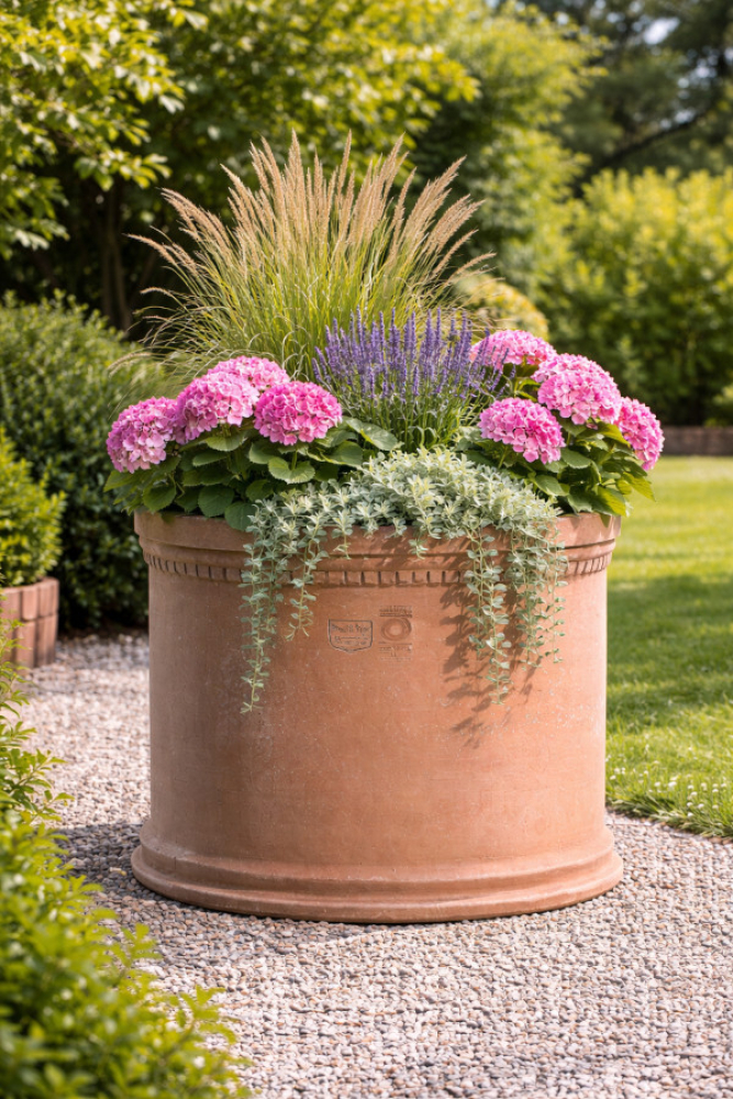 Cylindre en terracotta d’Impruneta de taille moyenne avec bordure grecque – fabricant Poggi Ugo